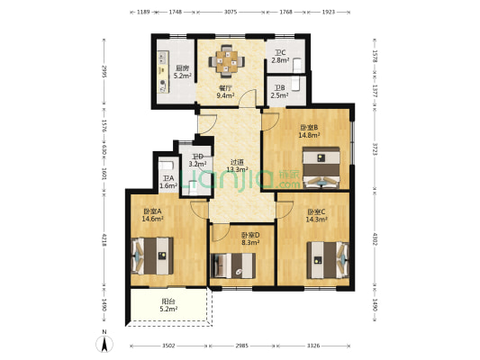 锦湖华庭 4室1厅4卫 125平方