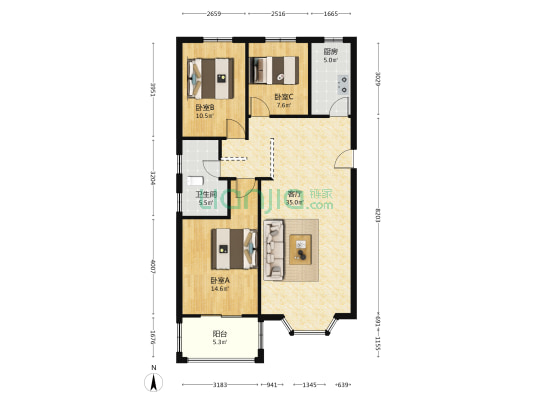 名流枫景洋房 南北通透三居 带地下室-户型图