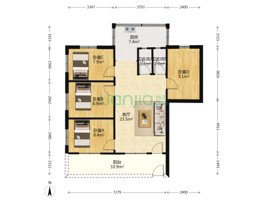 创业新村 4室1厅2卫 90平方