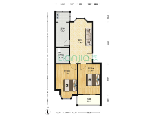 园林楼 2室1厅1卫 77平方