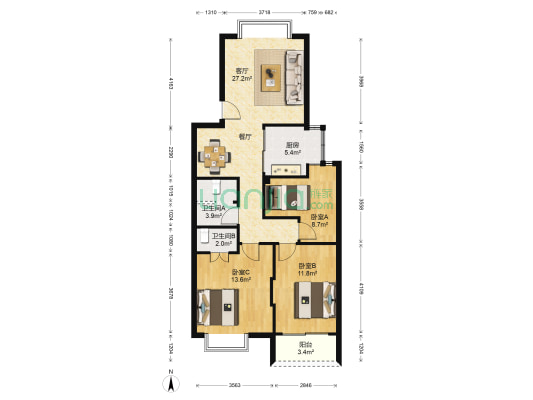 锦绣闽江港头新居 3室1厅2卫 93平方