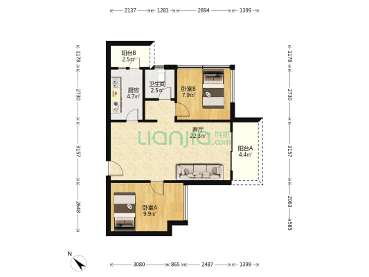 恒邦双林中心城 2室1厅1卫 61平方