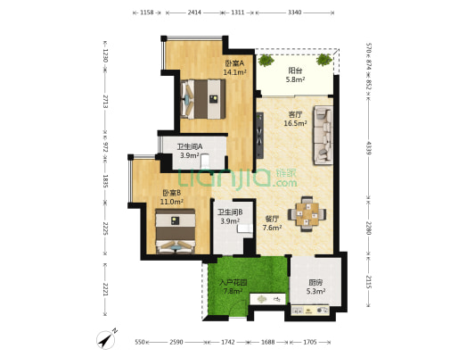 星际豪庭 2室2厅2卫 94平方