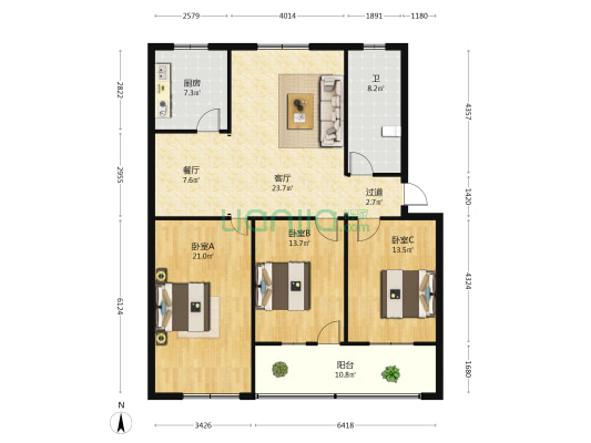 仪表厂家属院 3室2厅1卫 131平方