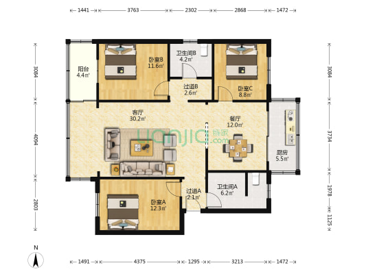 下马村生活区 3室2厅2卫 104平方