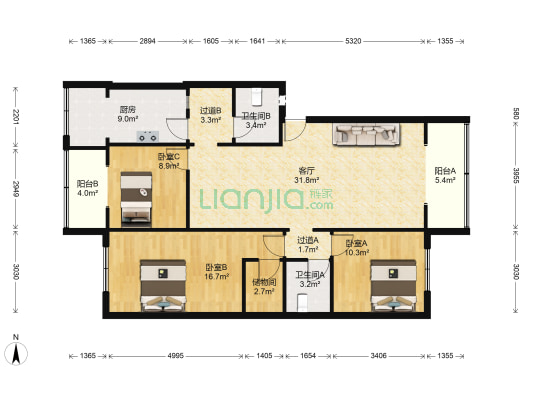 通锦桥路168号 3室1厅2卫 117平方