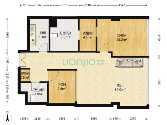 西派国际公寓 2室1厅2卫 125平方