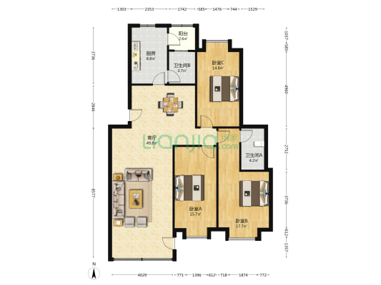 金豪雅苑 3室1厅2卫 136平方