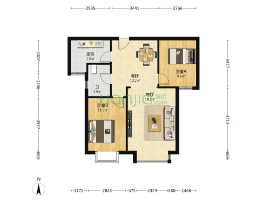 四和恒景苑 2室2厅1卫 92平方