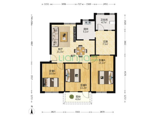 广西中医药研究院职工住宅楼 3室1厅1卫 90平方