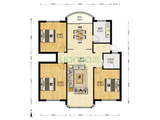 百福園 3室1厅1卫 122平方