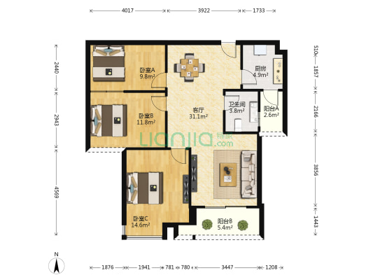 玺园北区 3室1厅1卫 87平方