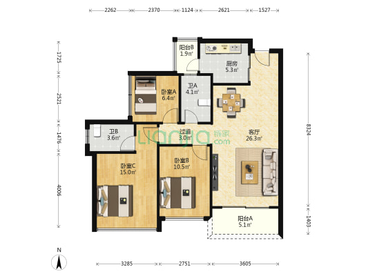 九龙湖花园 3室1厅2卫 100平方