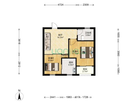 启东商旅公寓 2室1厅1卫 62平方
