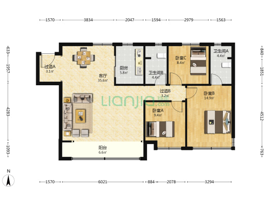 汇金华府 3室1厅2卫 129平方