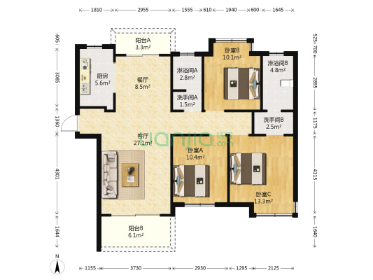 新力东园 3室2厅4卫 117平方