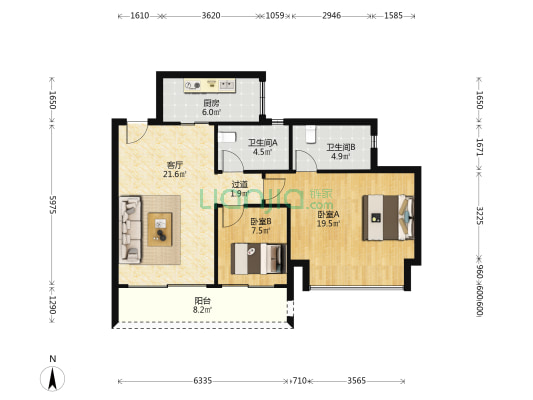 金科美的原上C组团 2室1厅2卫 85平方
