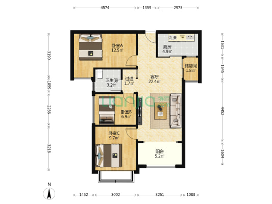 瀚宇天悦湾3号院 3室1厅1卫 82平方