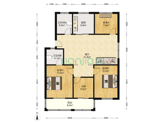 广宏花苑 4室1厅2卫 120平方