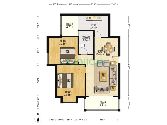 西湖美地 2室1厅1卫 90平方