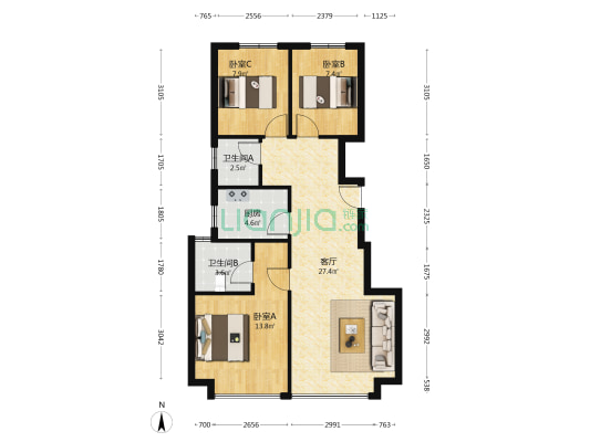 房本满二 采光好 通透三居双卫-户型图