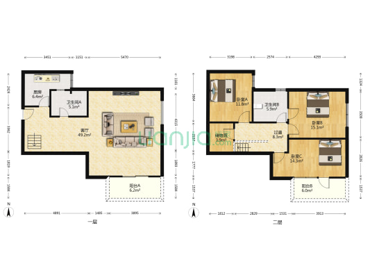 中天广场 3室1厅2卫 172平方