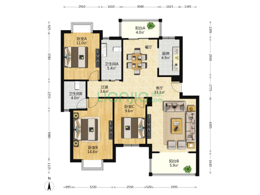 枫林花苑 3室1厅2卫 110平方