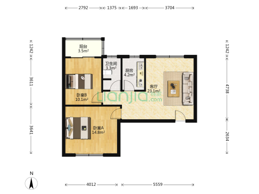大源南二街178号院 2室1厅1卫 73平方
