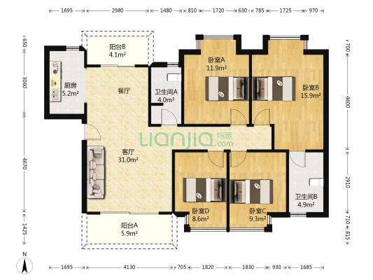 汇景城市中心 4室1厅2卫 122平方