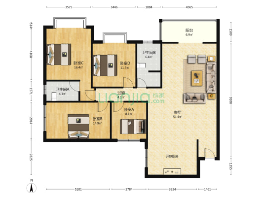 碧湖家园二期 4室1厅2卫 153平方