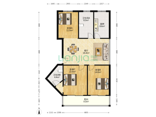 跃龙公寓 3室1厅2卫 132平方