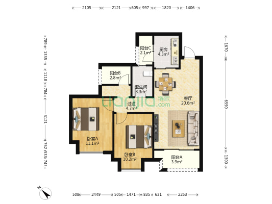 天泰钢城印象C区 2室1厅1卫 81平方