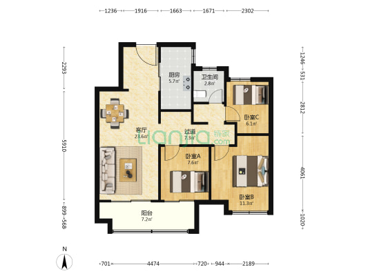 东湖悦府 3室1厅1卫 98平方