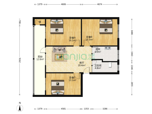百花路5-10号 3室1厅1卫 108平方