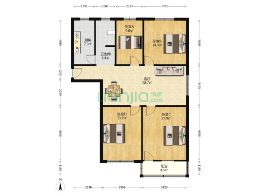 金鹰花园 4室1厅1卫 118平方