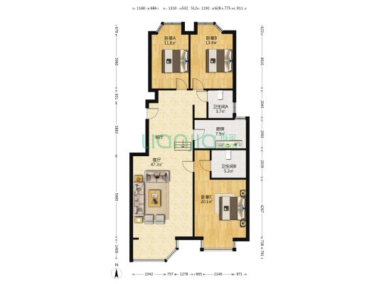 紫金华府 3室1厅2卫 131平方