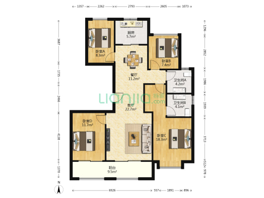绿城西安全运村子衿苑南苑 4室2厅2卫 135平方