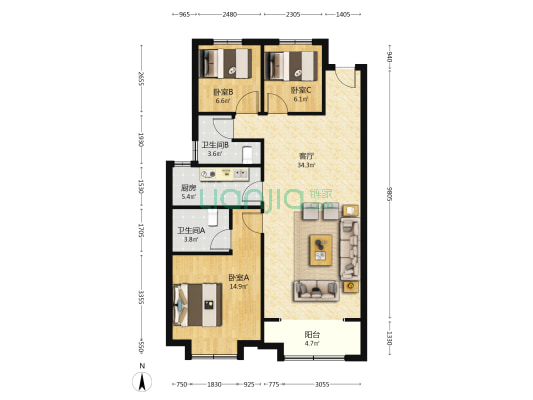 潮白河孔雀城逸翠园 3室1厅2卫 112平方