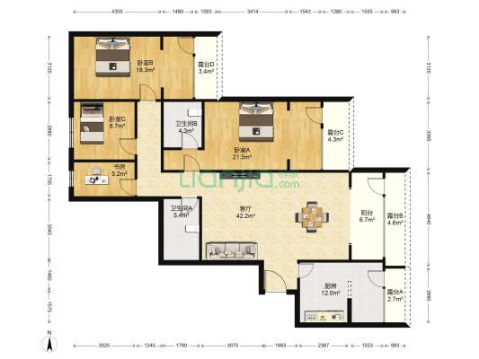 龙阁公寓 4室1厅2卫 167平方