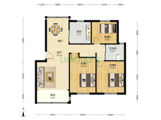 祝和苑 3室1厅1卫 105平方