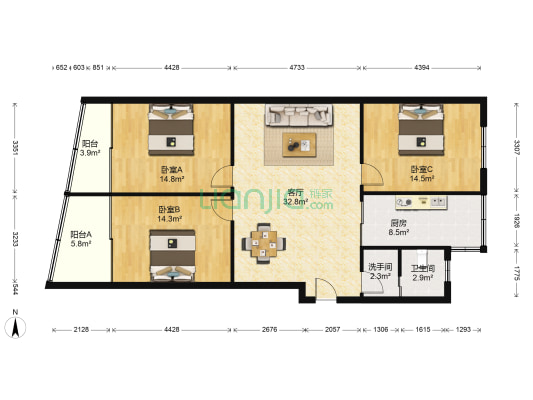 华盛大楼 3室1厅2卫 128平方