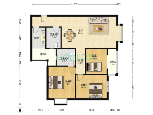 雍禾名城 3室1厅2卫 121平方