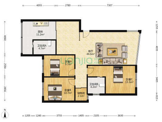 雅旭园南区 3室1厅2卫 126平方