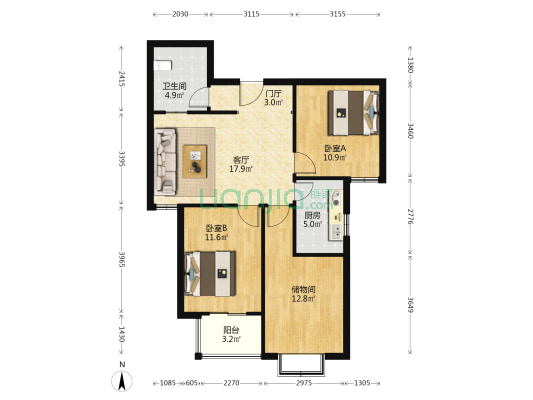 房子属于朝南两居，中间楼层，房子本满二-户型图