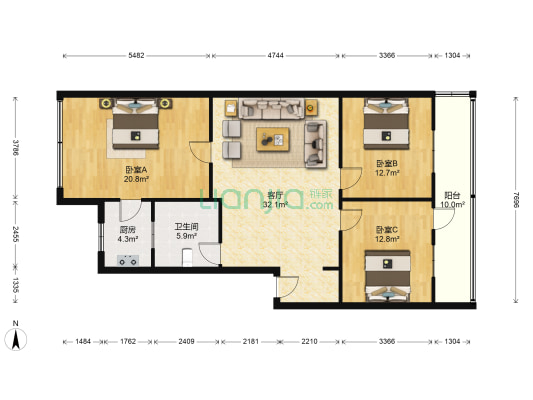 吴中商贸城7区 3室1厅1卫 82平方