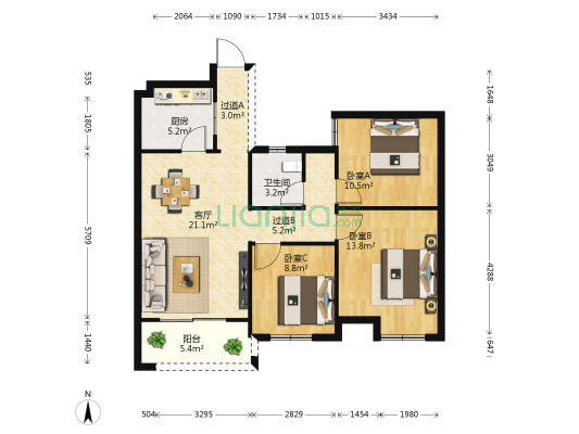 九龙阳光二期 3室1厅1卫 90平方