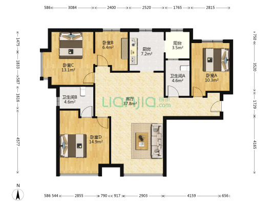 富力新城H19区 4室1厅2卫 134平方