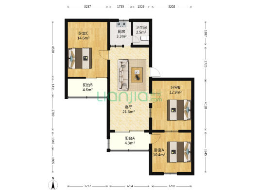 省农房宿舍 3室1厅1卫 97平方
