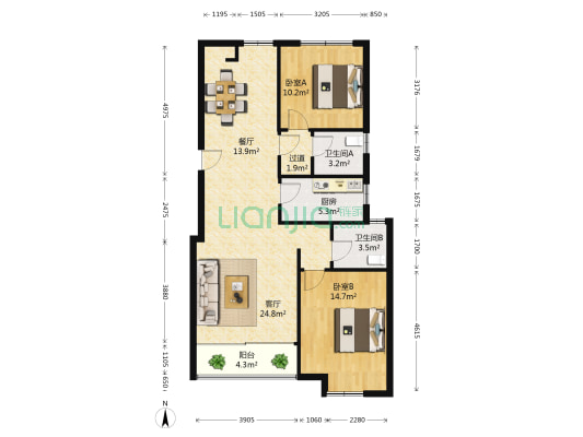 优优花园 2室2厅2卫 103平方