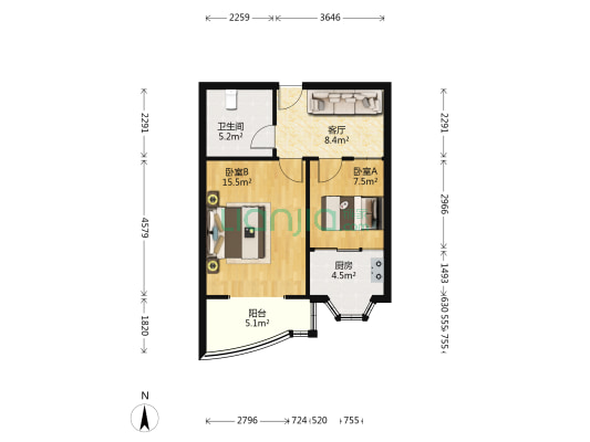 津狮花园 2室1厅1卫 59平方